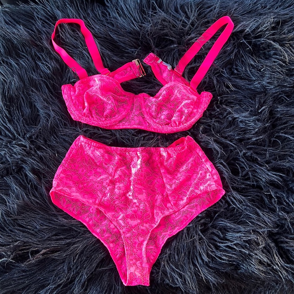 For Love & Lemons Skivvies Pink Large Bra and Small High-Waisted Panty